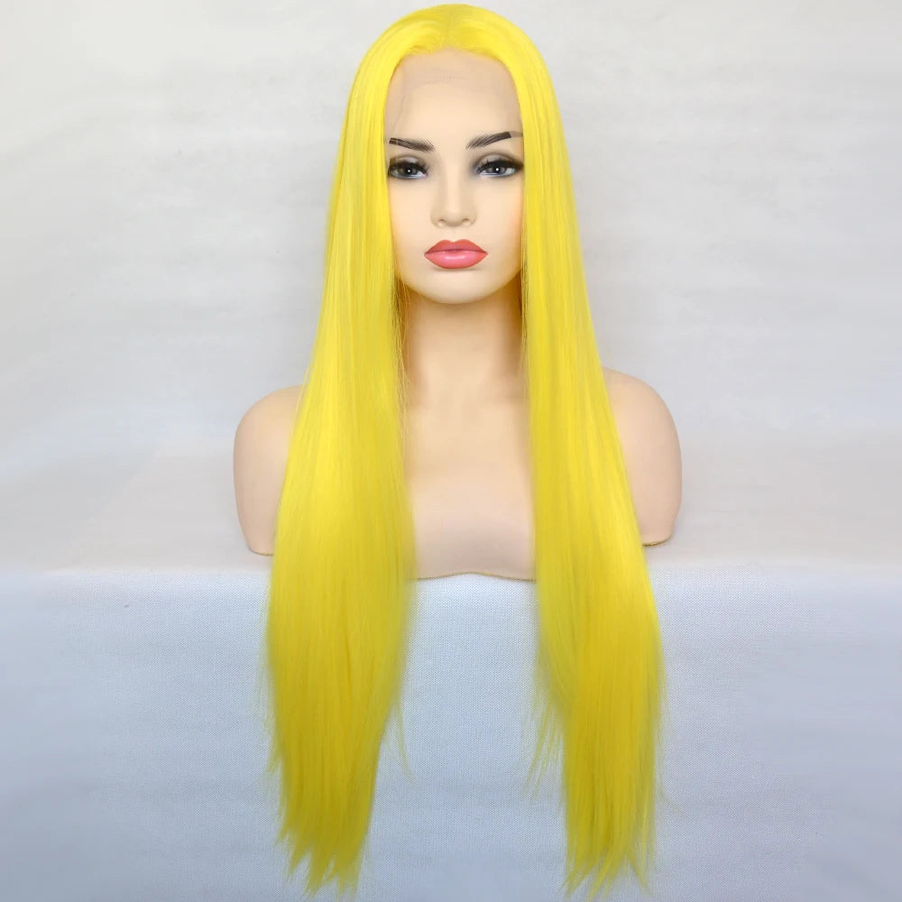 Voguequeen Dark Blue Synthetic T Lace Front Wig Yellow Green Color Wigs Heat Resistant Fiber Daily Wearing For Women