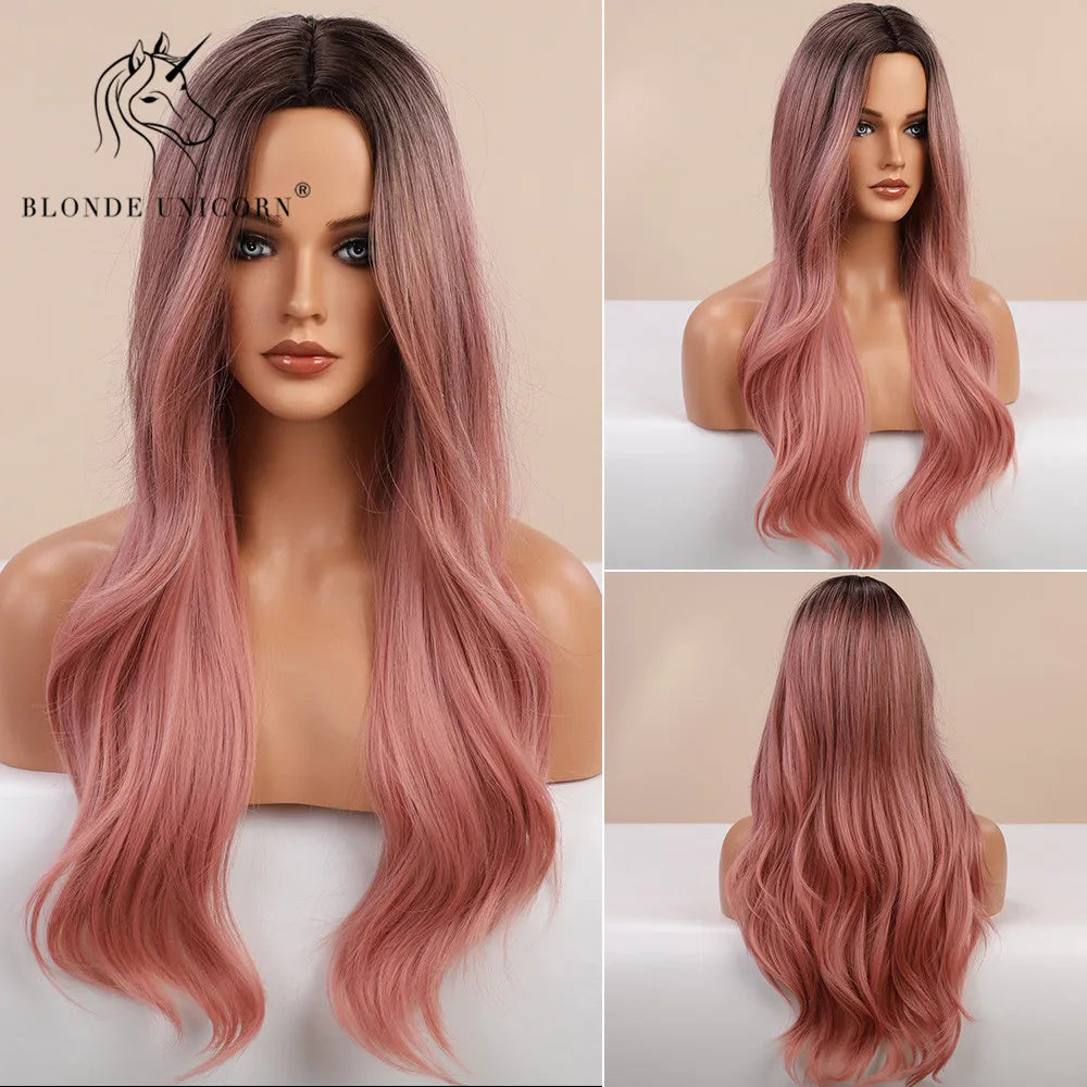 Blonde Unicorn Synthet Wig Long Wavy Mixed Brown Blonde for White Black Women Daily Party High Density Temperature Fibre Hair