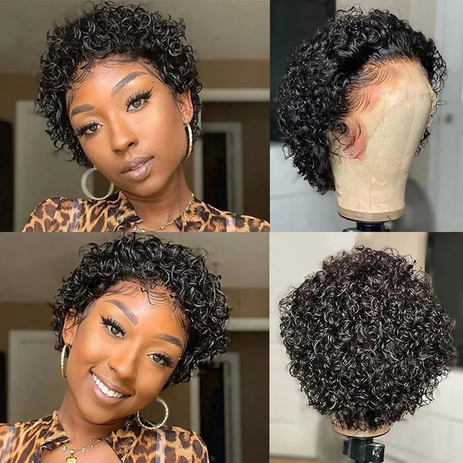 99J Burgundy Highlight Honey Colored Short Curly Pixie Cut Lace Wig Pre plucked Bob Wig 13x2 Lace Front Curly Human Hair Wigs