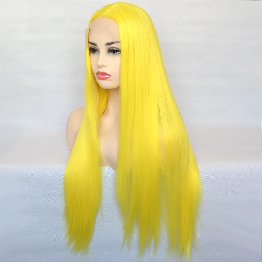 Voguequeen Dark Blue Synthetic T Lace Front Wig Yellow Green Color Wigs Heat Resistant Fiber Daily Wearing For Women