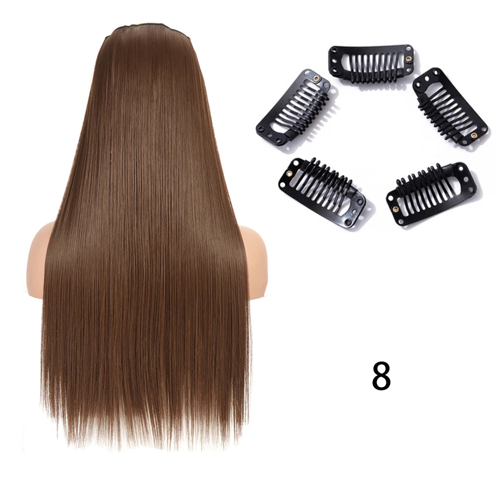 Synthetic Long Straight Clip In One Piece Hair Extension 5 Clips False Blonde Hair Brown Black Heat Resistant Fake Hair