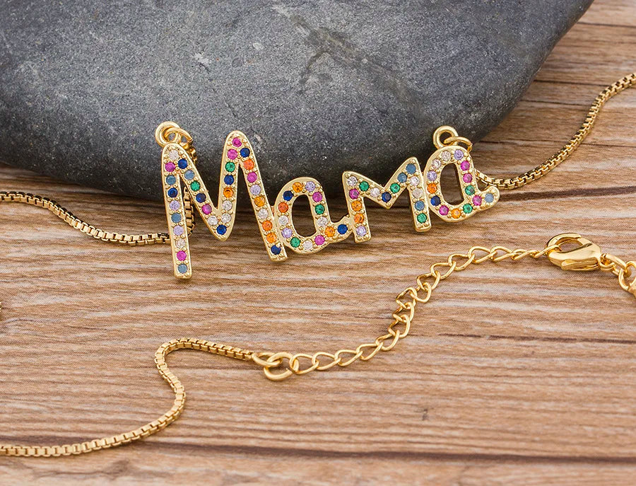 AIBEF Delicate Letter Mama CZ Necklace Mothers Love Rainbow Crystal Pendant Jewelry Necklace For Moms Mother's Day Best Gifts