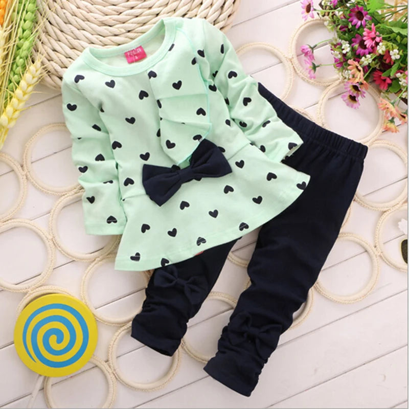 Winter New Fashion Girls Clothing Bow Dress Tops Leggings Kids Round Neck Polka Dot Sport Suits Baby Casual Outfit