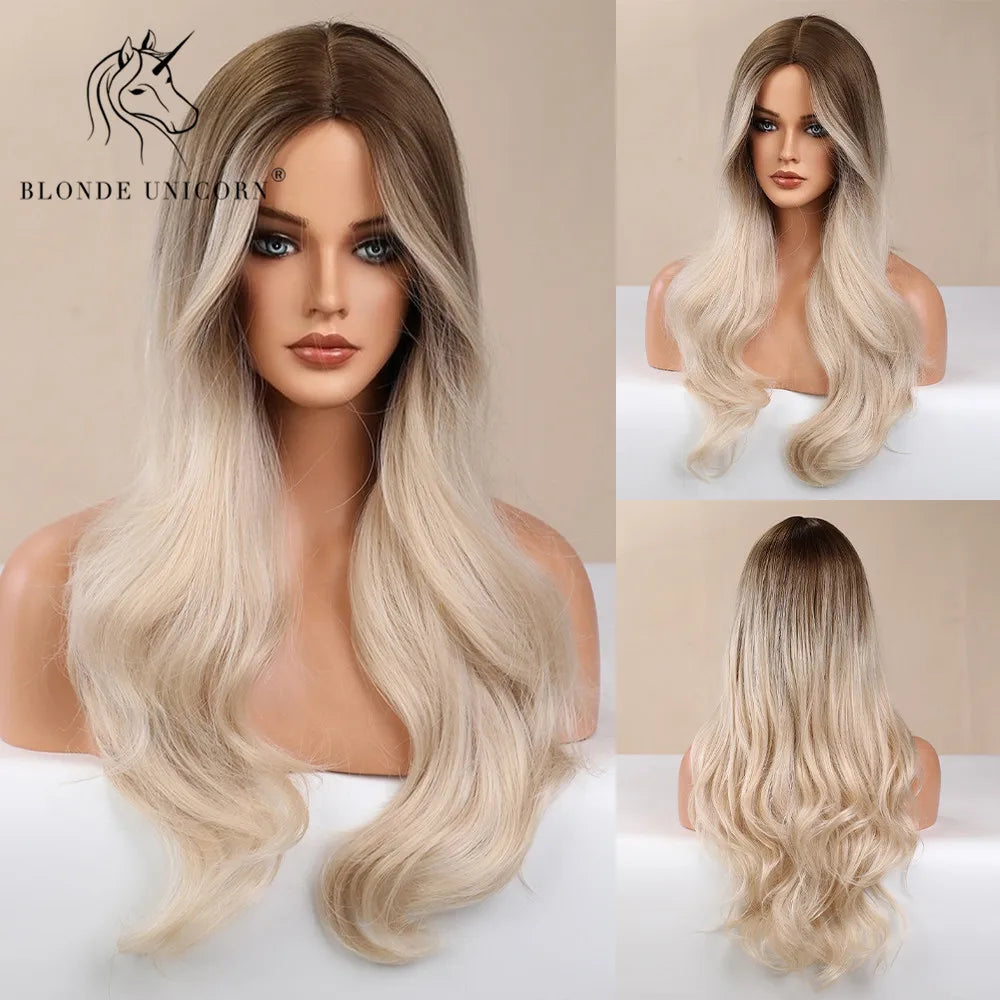 Blonde Unicorn Synthet Wig Long Wavy Mixed Brown Blonde for White Black Women Daily Party High Density Temperature Fibre Hair