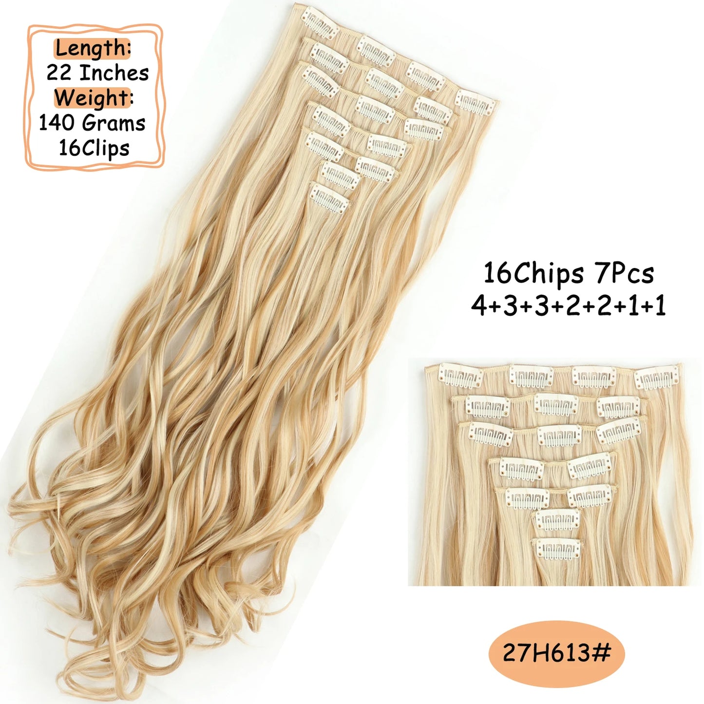 NICESY 16Clips Synthetic 24Inch Long Curly Hair Hairpiece Heat Resistant Hair Extension Clips In Ombre Black Brown Blond Women