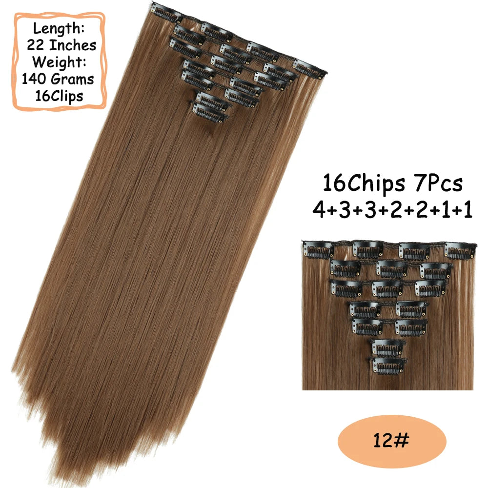 NICESY 16Clips Synthetic 24Inch Long Curly Hair Hairpiece Heat Resistant Hair Extension Clips In Ombre Black Brown Blond Women