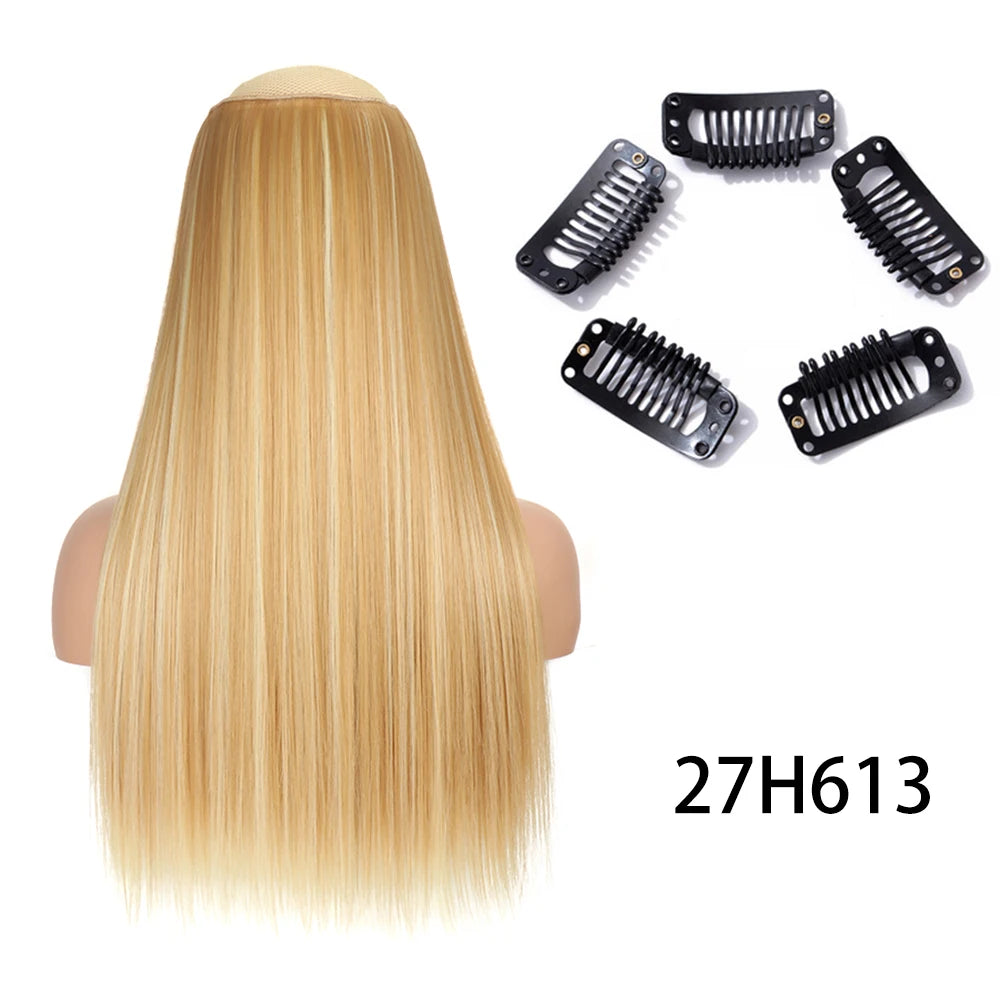 Synthetic Long Straight Clip In One Piece Hair Extension 5 Clips False Blonde Hair Brown Black Heat Resistant Fake Hair