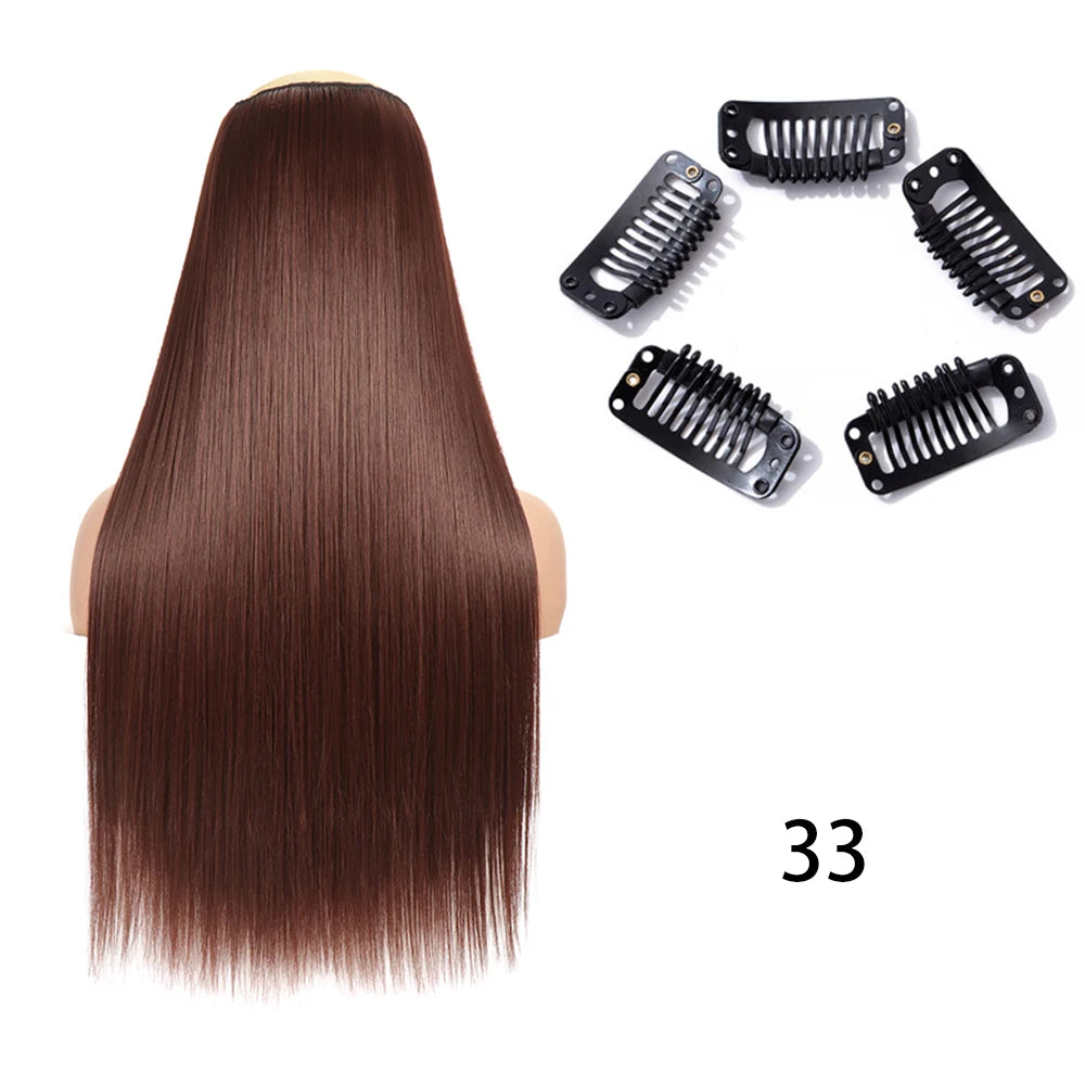 Synthetic Long Straight Clip In One Piece Hair Extension 5 Clips False Blonde Hair Brown Black Heat Resistant Fake Hair