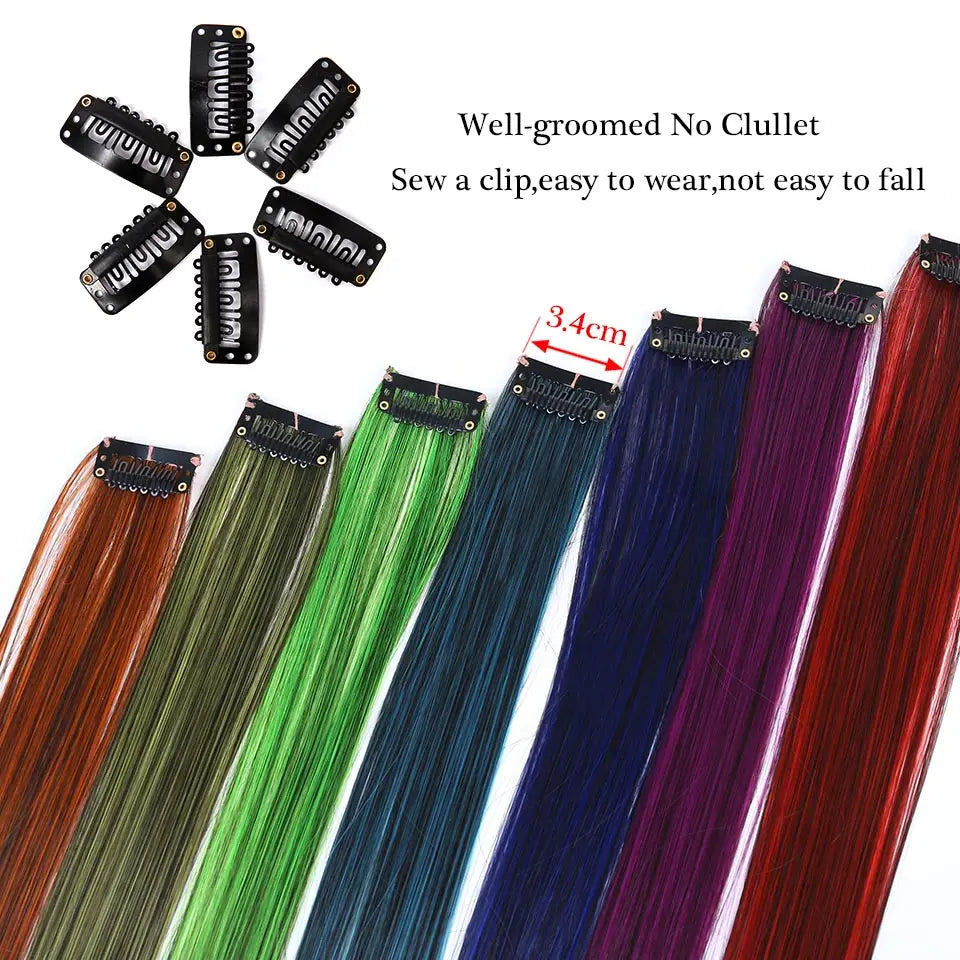 BUQI Straight Fake Colored Hair Extensions Clip Rainbow Hair Streak Synthetic Pink Orange White Purple Hair Strands on Clips