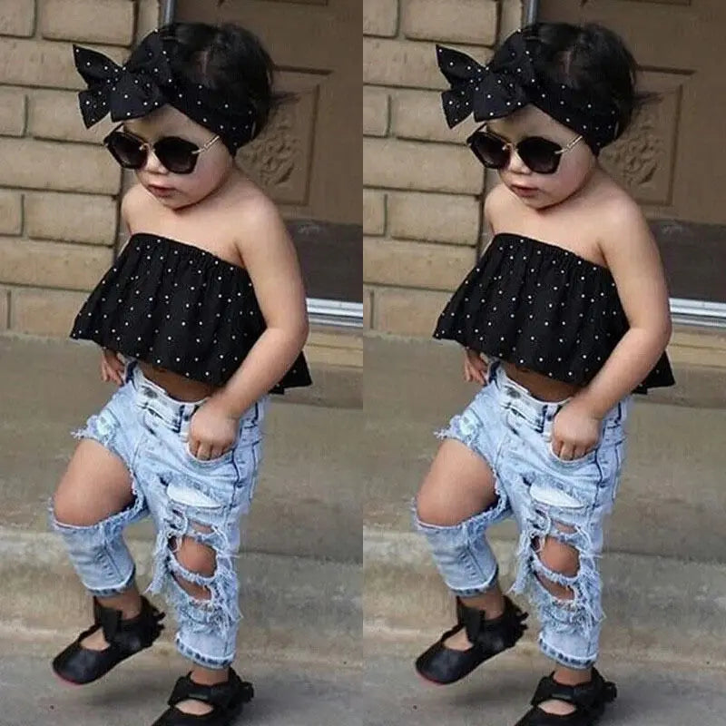 3pcs Baby Girl Summer Clothes Set Dot Sleeveless Top Vest Hole Jeans Pants Bow Headband Outfits Fashion Casual Kids Clothing Set