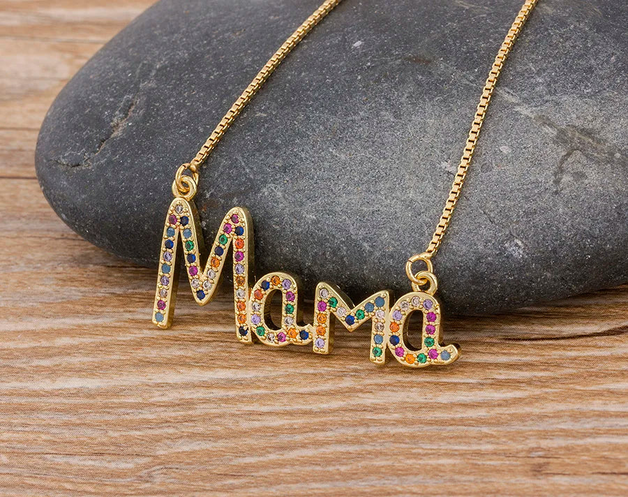 AIBEF Delicate Letter Mama CZ Necklace Mothers Love Rainbow Crystal Pendant Jewelry Necklace For Moms Mother's Day Best Gifts