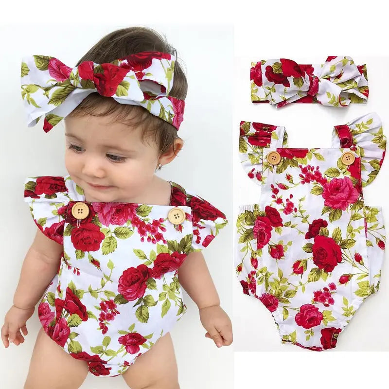 Cute Floral Romper 2pcs Baby Girls Clothes Jumpsuit Romper+Headband 0-24M Age Ifant Toddler Newborn Outfits Set Hot Sale