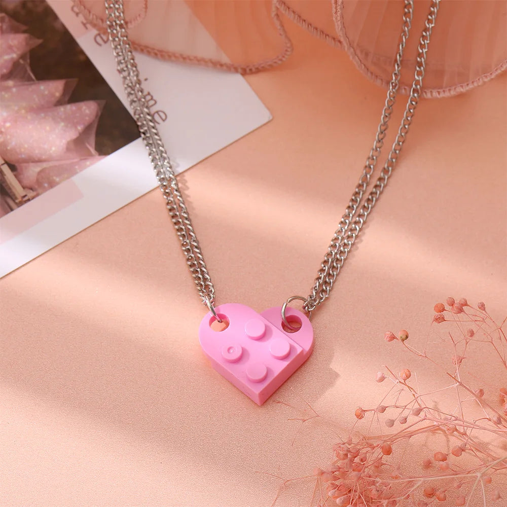 2Pcs Heart Brick Couples Love Necklace For Lovers Women Men Lego Elements Friends Necklaces Valentines Gift Jewelry