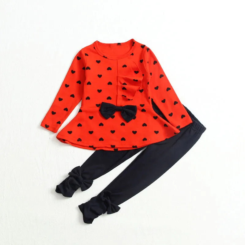 Winter New Fashion Girls Clothing Bow Dress Tops Leggings Kids Round Neck Polka Dot Sport Suits Baby Casual Outfit