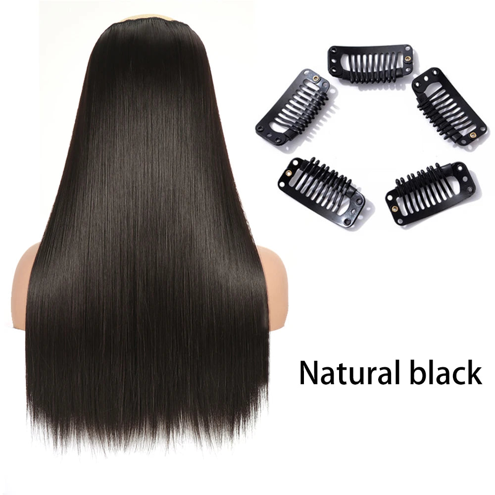 Synthetic Long Straight Clip In One Piece Hair Extension 5 Clips False Blonde Hair Brown Black Heat Resistant Fake Hair