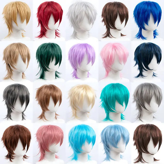 Synthetic Short Wigs Wolf cut with Bangs Choppy Cosplay Party Wig for men women Pink Red Blue Purple Korean style Man wig MUMUPI