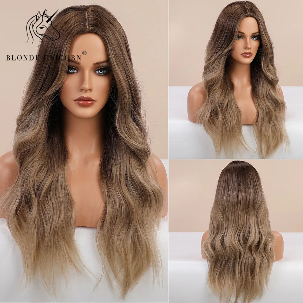 Blonde Unicorn Synthet Wig Long Wavy Mixed Brown Blonde for White Black Women Daily Party High Density Temperature Fibre Hair