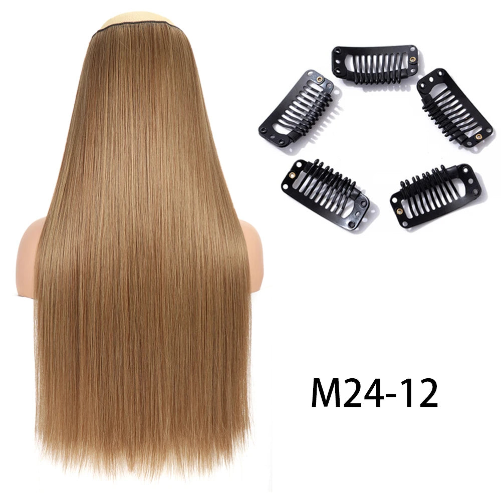 Synthetic Long Straight Clip In One Piece Hair Extension 5 Clips False Blonde Hair Brown Black Heat Resistant Fake Hair