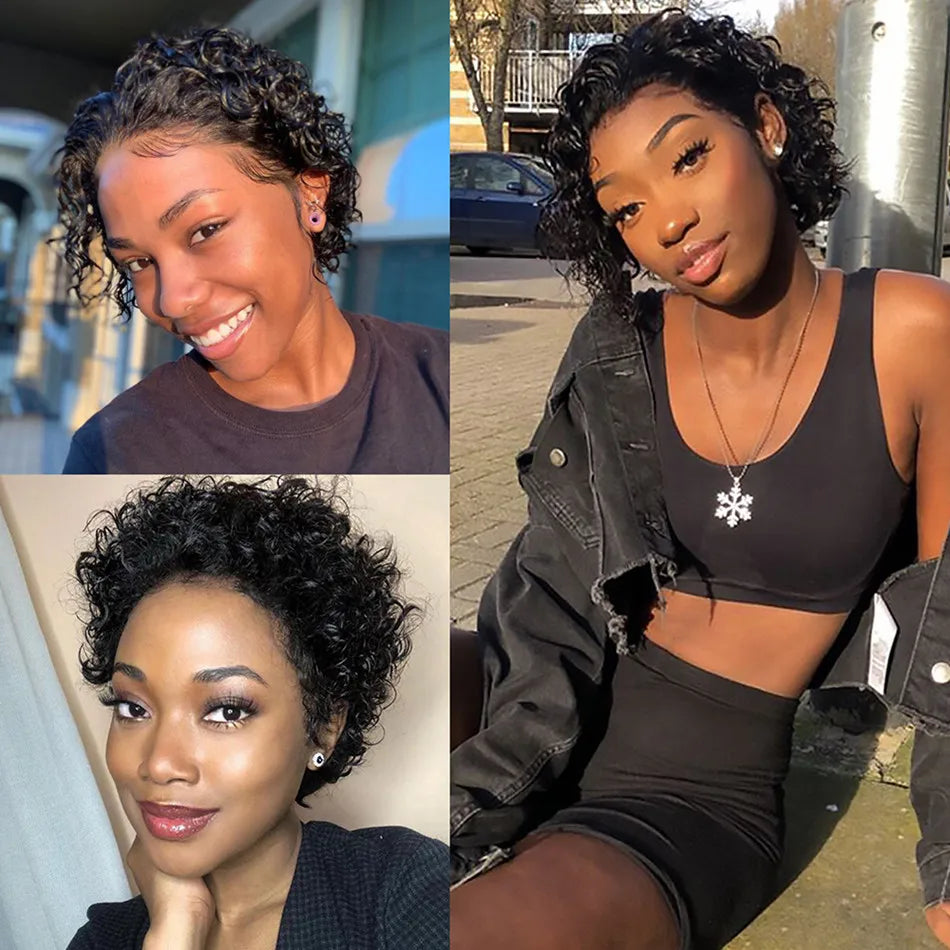 99J Burgundy Highlight Honey Colored Short Curly Pixie Cut Lace Wig Pre plucked Bob Wig 13x2 Lace Front Curly Human Hair Wigs