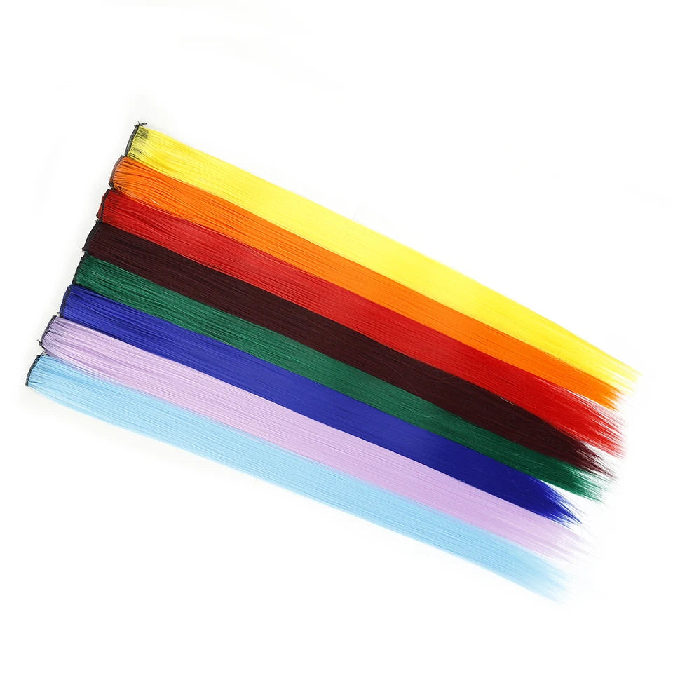 BUQI Straight Fake Colored Hair Extensions Clip Rainbow Hair Streak Synthetic Pink Orange White Purple Hair Strands on Clips