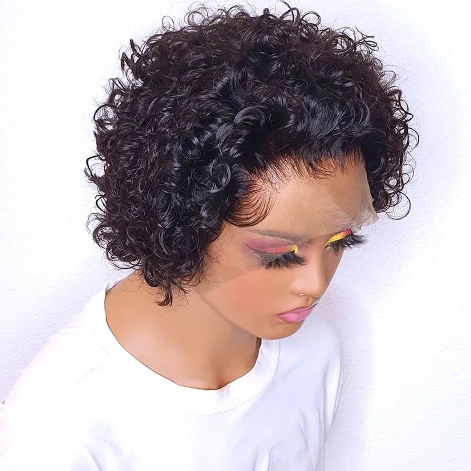 99J Burgundy Highlight Honey Colored Short Curly Pixie Cut Lace Wig Pre plucked Bob Wig 13x2 Lace Front Curly Human Hair Wigs