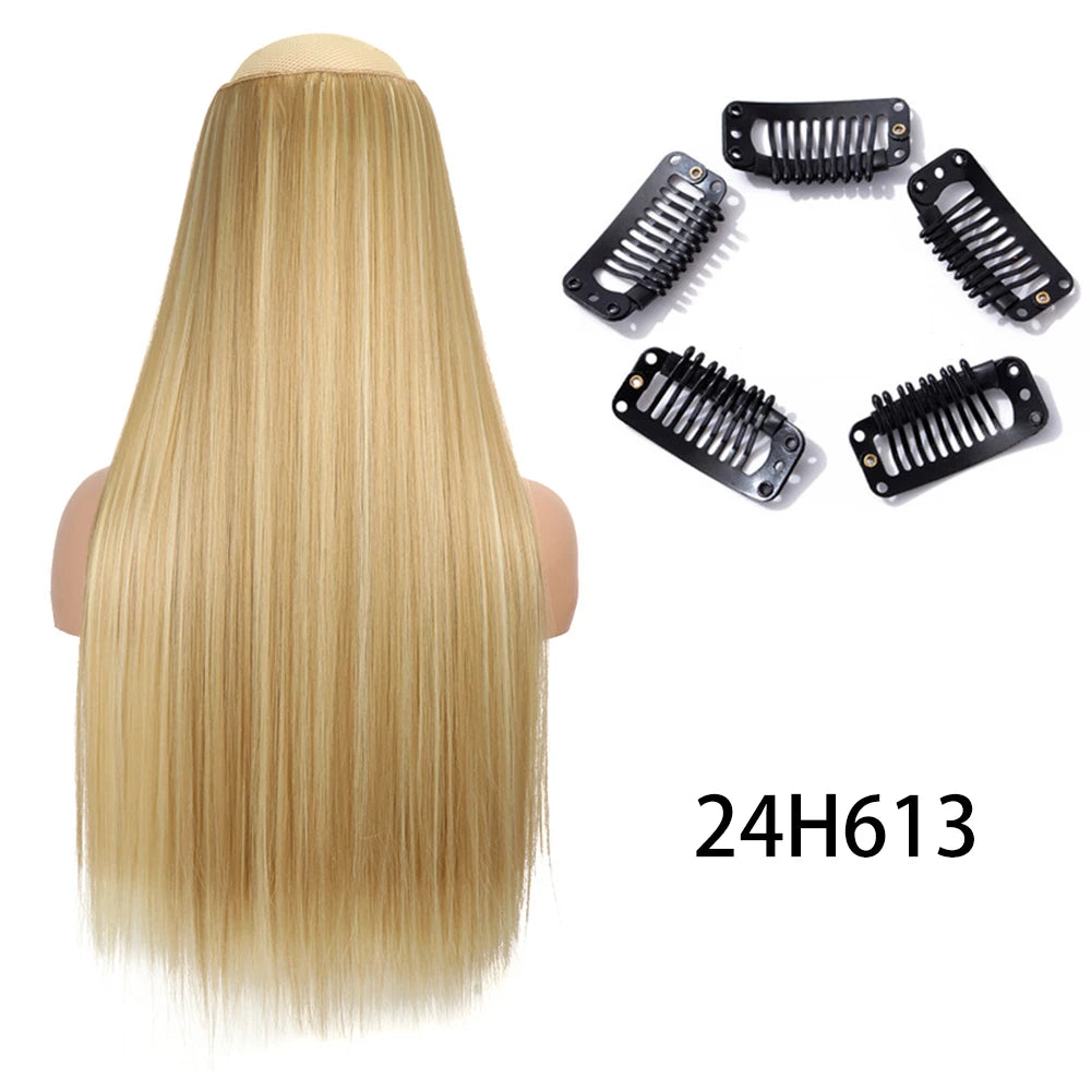 Synthetic Long Straight Clip In One Piece Hair Extension 5 Clips False Blonde Hair Brown Black Heat Resistant Fake Hair