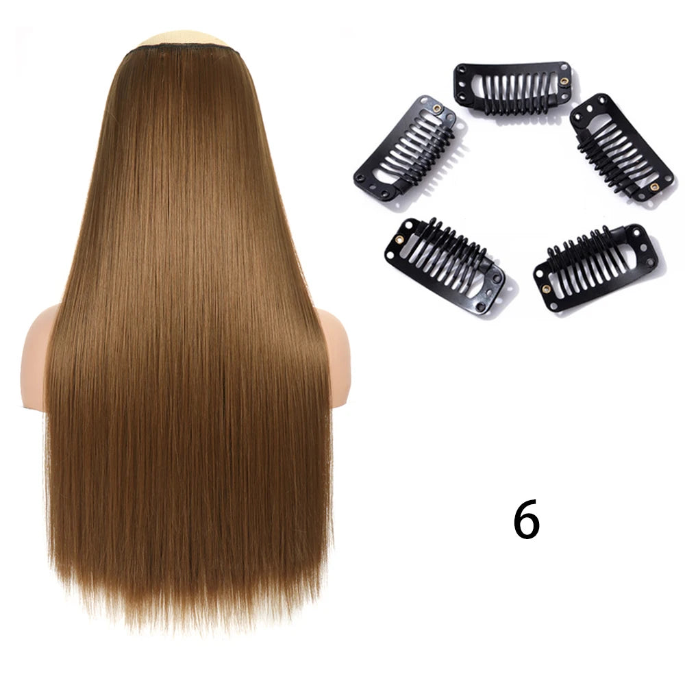 Synthetic Long Straight Clip In One Piece Hair Extension 5 Clips False Blonde Hair Brown Black Heat Resistant Fake Hair