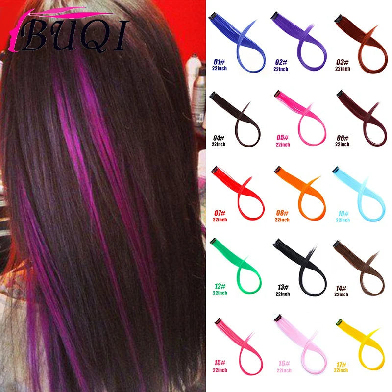 BUQI Straight Fake Colored Hair Extensions Clip Rainbow Hair Streak Synthetic Pink Orange White Purple Hair Strands on Clips