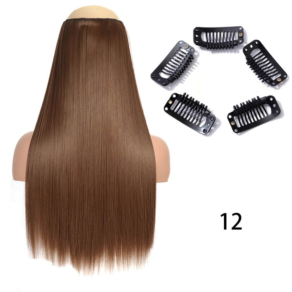 Synthetic Long Straight Clip In One Piece Hair Extension 5 Clips False Blonde Hair Brown Black Heat Resistant Fake Hair