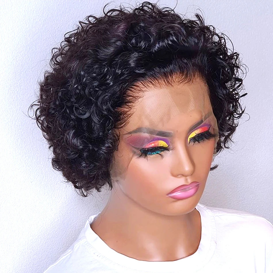 99J Burgundy Highlight Honey Colored Short Curly Pixie Cut Lace Wig Pre plucked Bob Wig 13x2 Lace Front Curly Human Hair Wigs