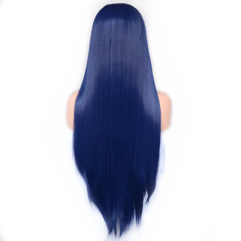 Voguequeen Dark Blue Synthetic T Lace Front Wig Yellow Green Color Wigs Heat Resistant Fiber Daily Wearing For Women