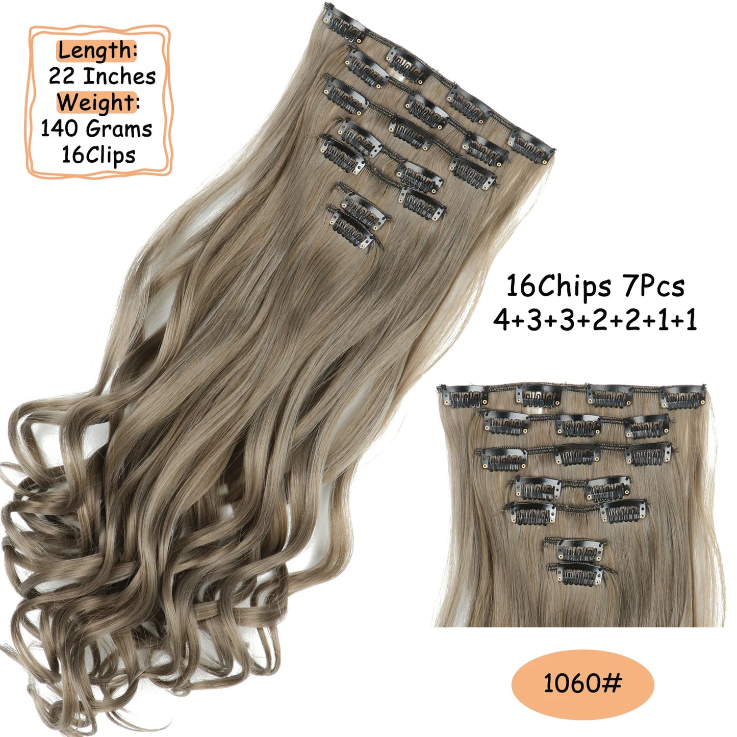 NICESY 16Clips Synthetic 24Inch Long Curly Hair Hairpiece Heat Resistant Hair Extension Clips In Ombre Black Brown Blond Women