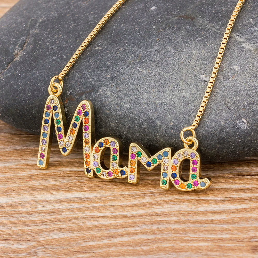 AIBEF Delicate Letter Mama CZ Necklace Mothers Love Rainbow Crystal Pendant Jewelry Necklace For Moms Mother's Day Best Gifts