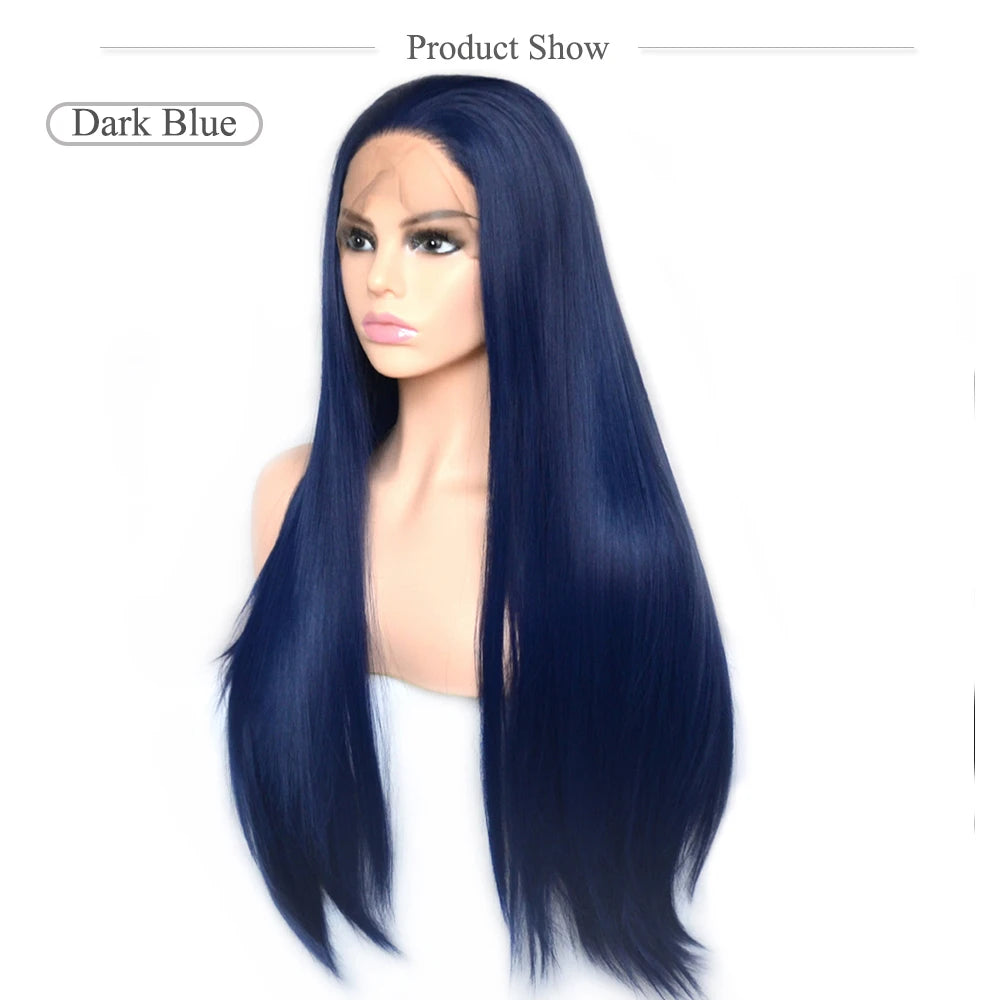 Voguequeen Dark Blue Synthetic T Lace Front Wig Yellow Green Color Wigs Heat Resistant Fiber Daily Wearing For Women