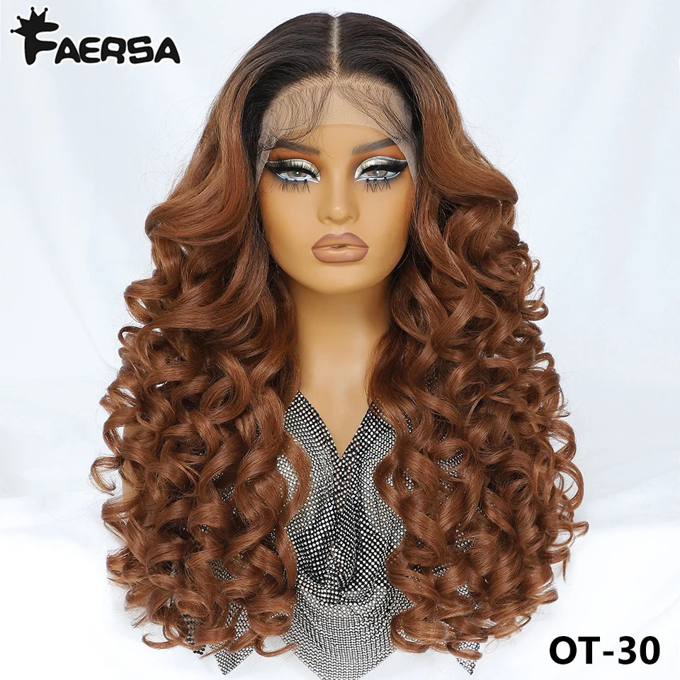 Latisha 13X6 HD Synthetic Lace Front Wigs Curly Pre Plucked Lace Frontal Wig with Bangs for Women Highlight with Babyhair 24Inch