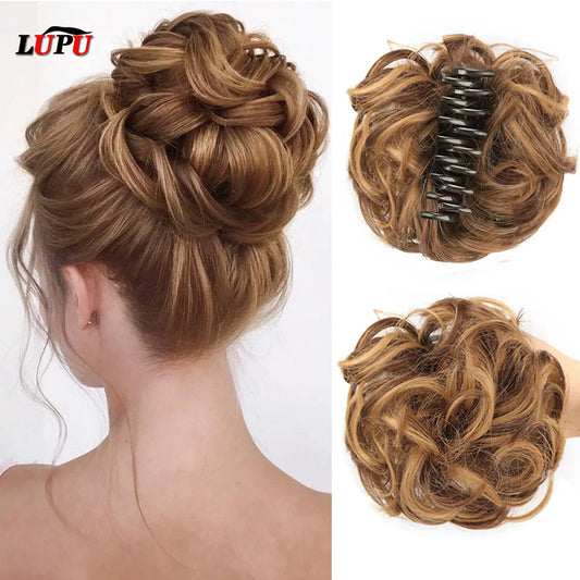 LUPU Synthetic Chignon Messy Bun Claw Clip in Hair Piece Wavy Curly Hair Bun Ponytail Extensions Scrunchie Hairpieces for Women