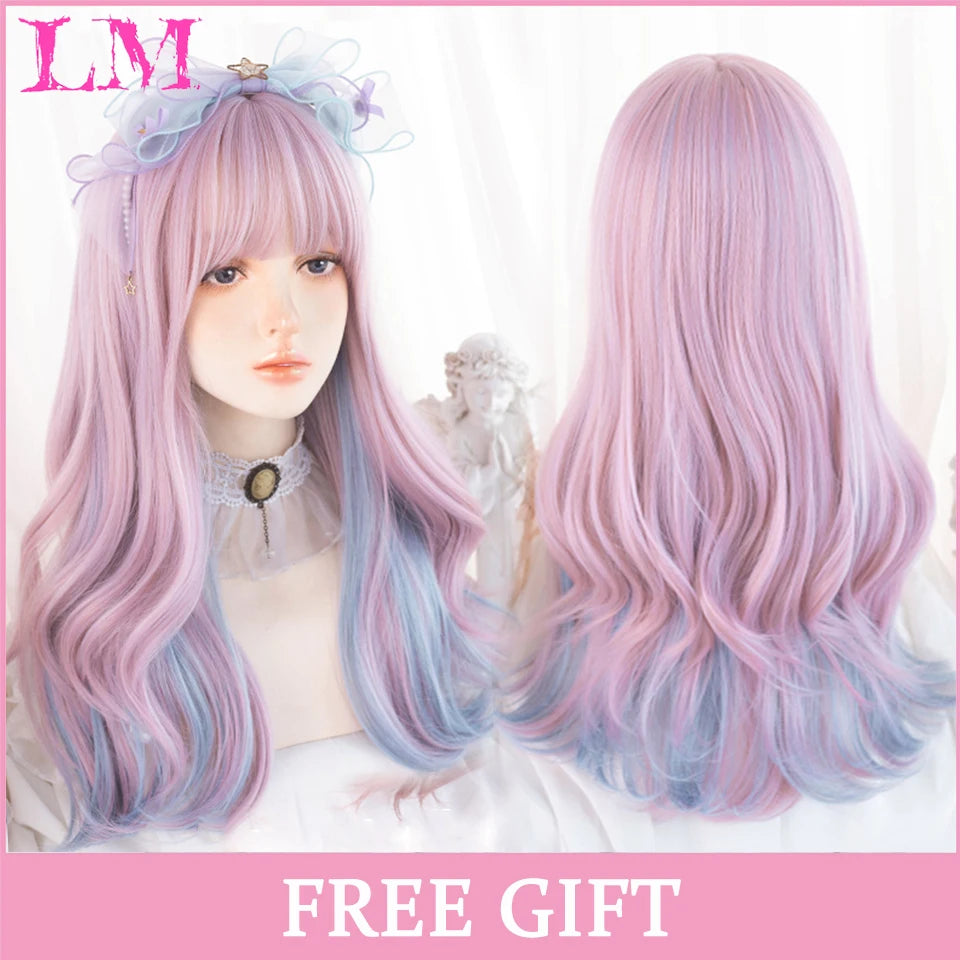 LM Cosplay Wig With Bangs Synthetic Straight Hair 24 Inch Long Heat-Resistant Pink Wig For Women