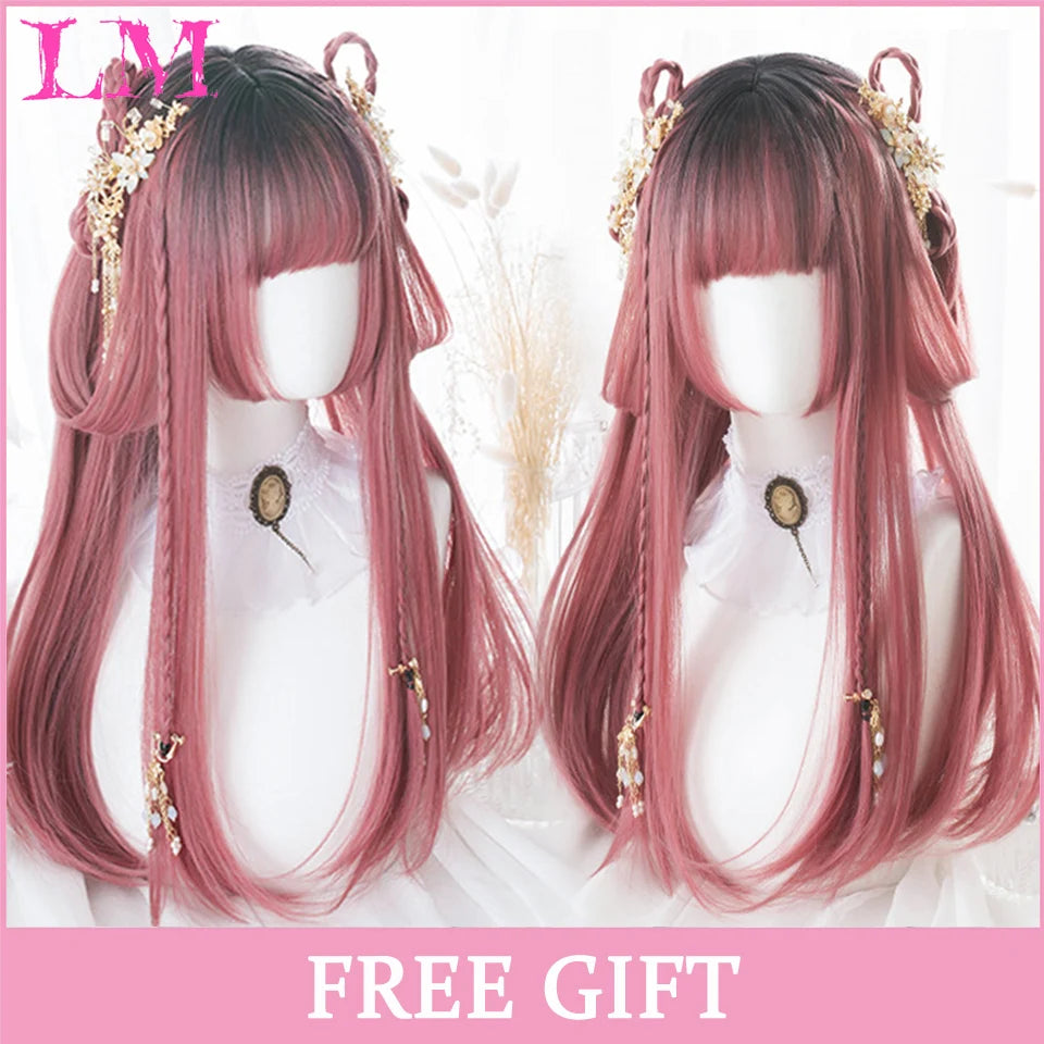 LM Cosplay Wig With Bangs Synthetic Straight Hair 24 Inch Long Heat-Resistant Pink Wig For Women