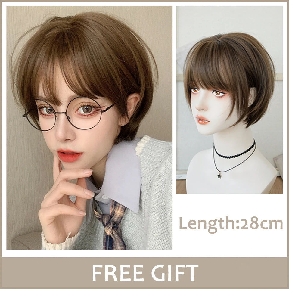 Pink Short Bob Straight Synthetic Wig with Bangs for Cosplay Lolita Fake Hair for White Women Party Natural Wig High Temperature