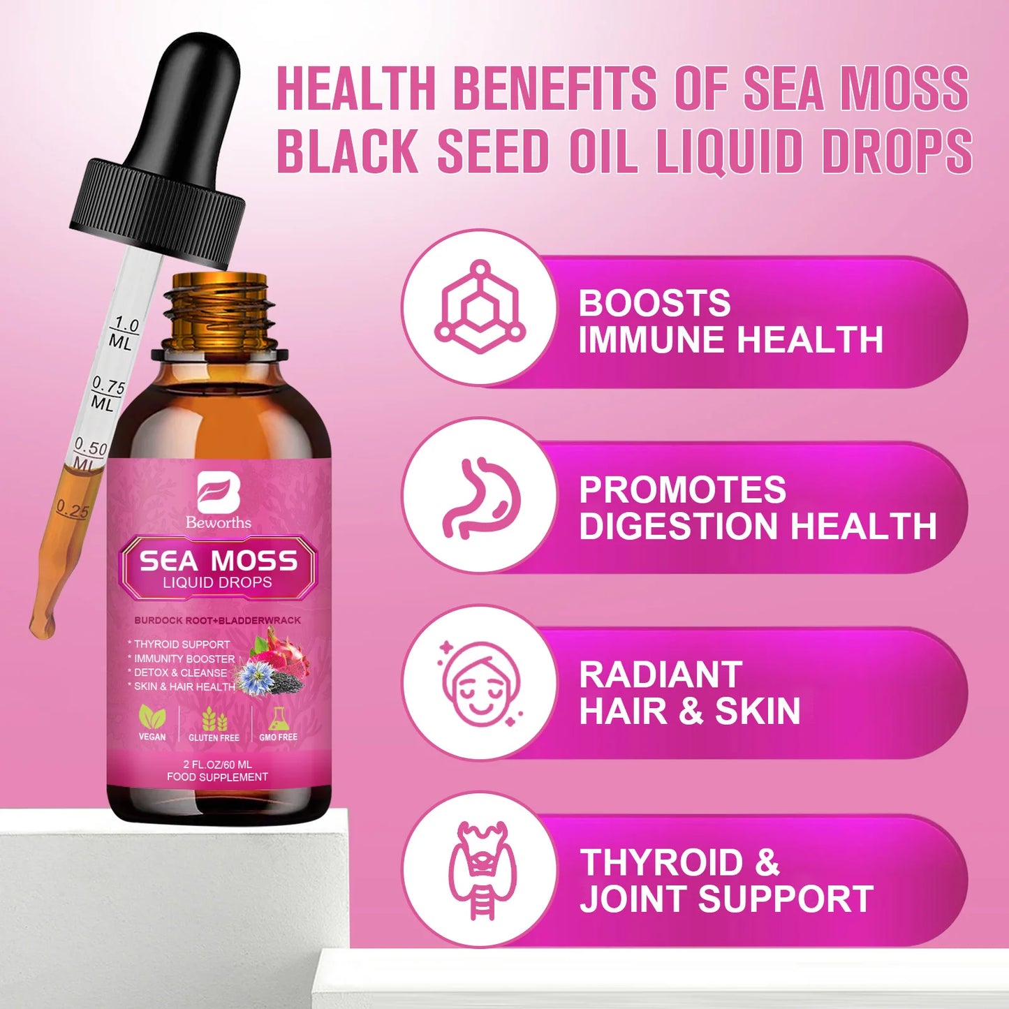 BEWORTHS 3000MG Seamoss Liquid Drop Organic Black Seed Oil & Burdock Root Bladder Enhance Immunity, Hair,Skin & Digestion Health