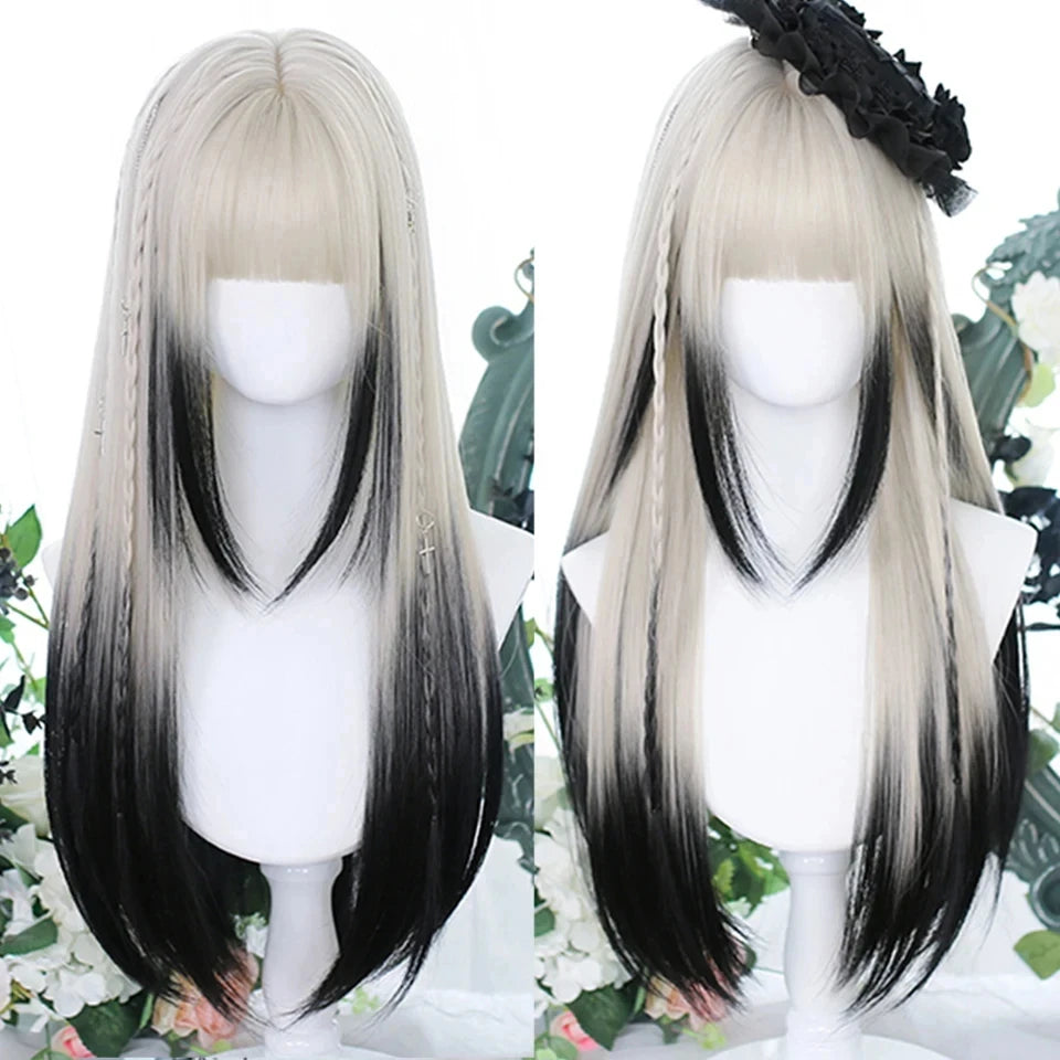 LM Long Body Wave Black And Gray Ombre Cosplay Wigs Heat Resistant Synthetic Wigs Bangs Natural Lolita Wigs For Women Halloween