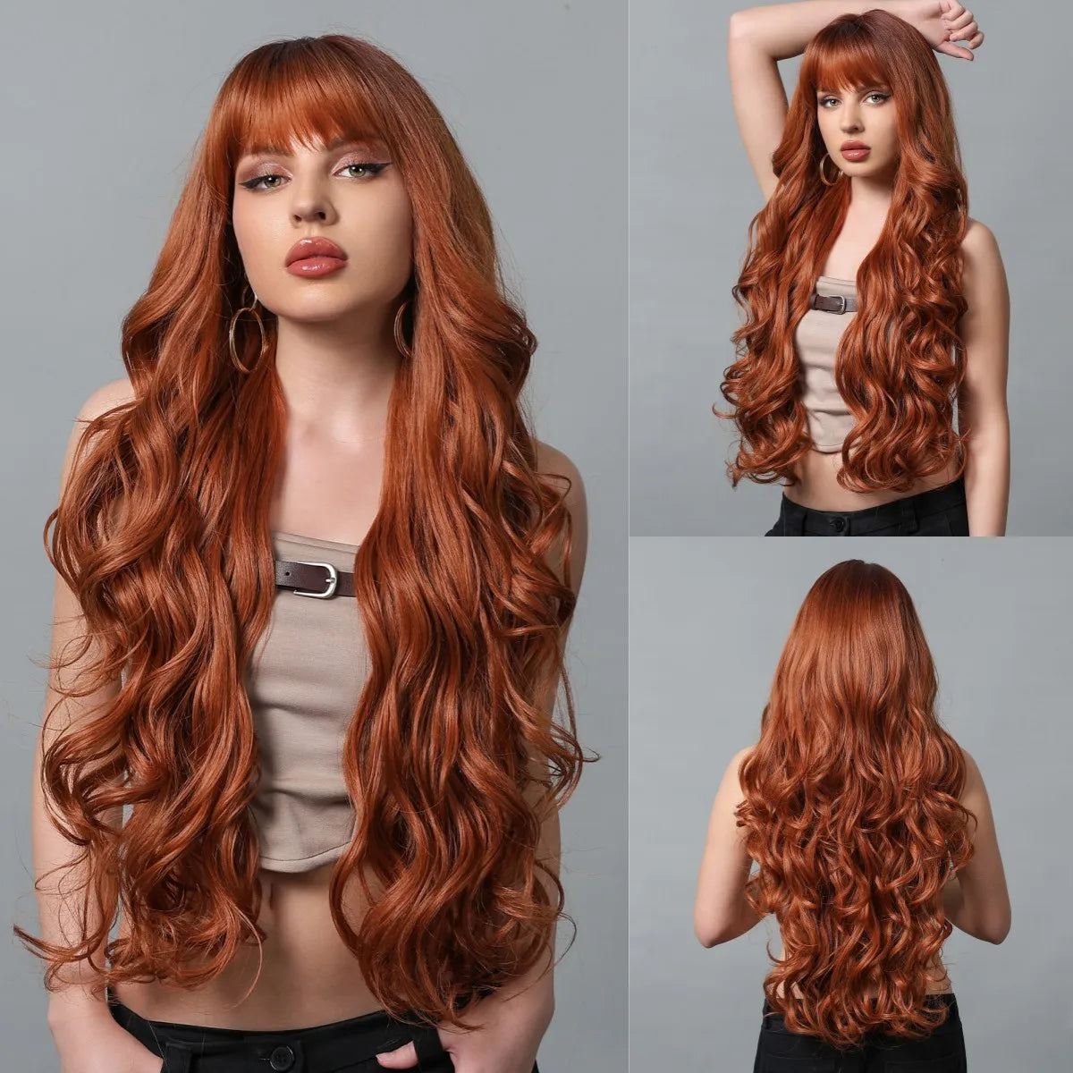 GEMMA Copper Ginger Long Wavy Wig Synthetic Red Brown Wigs with Bangs for Women Natural Hair Cosplay Daily Wig Heat Resistant