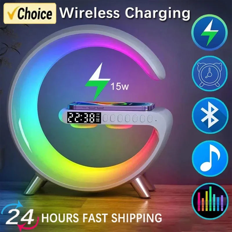 Multifunction Wireless Charger Stand Bluetooth 5.0 Speaker FM TF RGB Night Light Fast Charging Station for iPhone Samsung Xiaomi