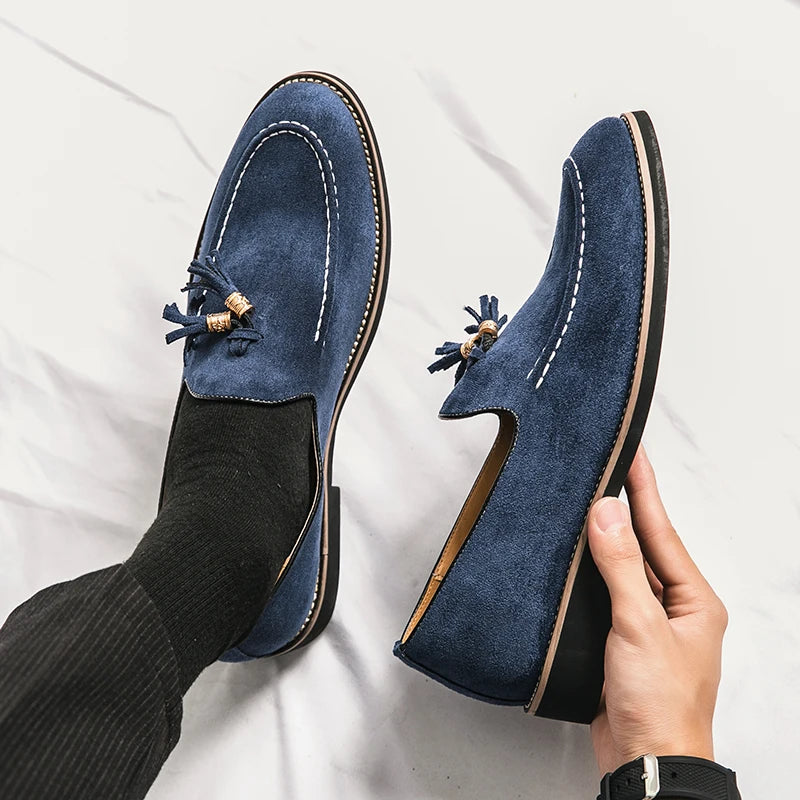 New Luxury Tassel Leather Men Shoes Slip On Loafers Round Toe Patchwork Suede Dress Shoes Man Daily Wedding Party Shoes for Man