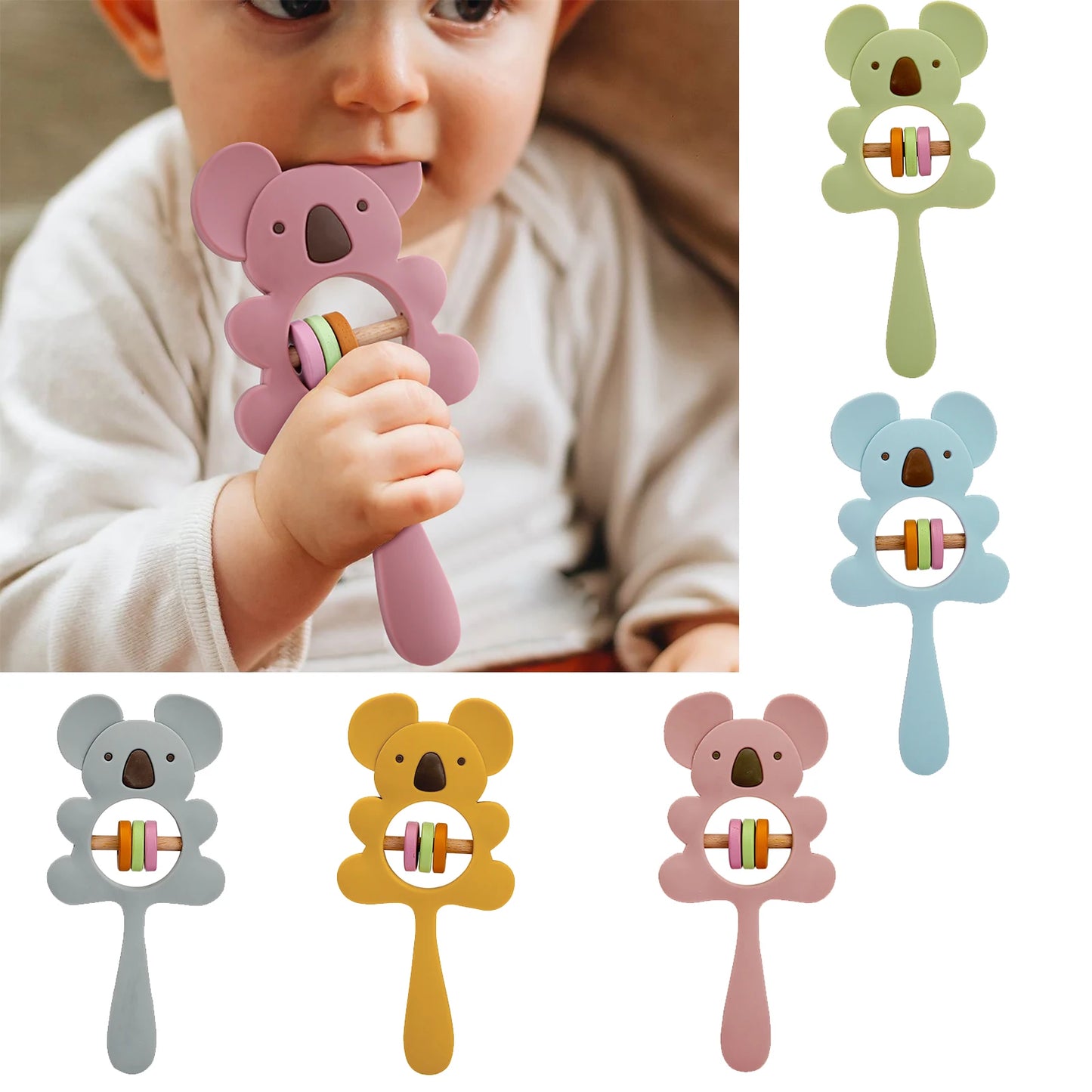 1PC Silicone Teether Koala Elephant Handbells Rattles BPA Free Rodents Teething Necklace Food Grade Infant Chewable Baby Toys