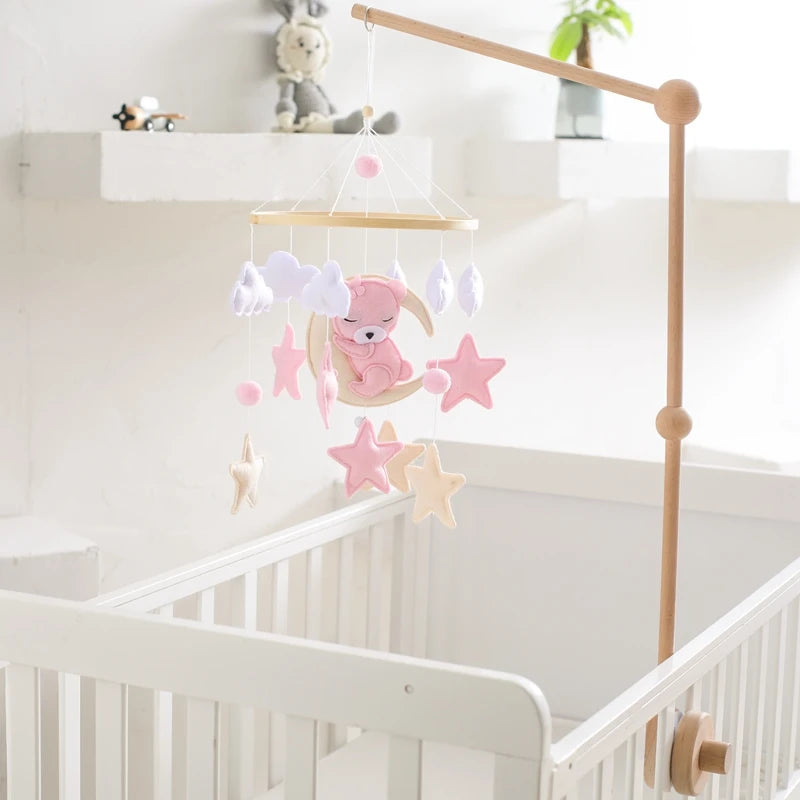 Wooden Crib Mobile Baby Bed Bell Rattle Toy Soft Felt Cartoon Bear Mobile Hanging Newborn Music Box Bed Bell Hanging Bracket Toy