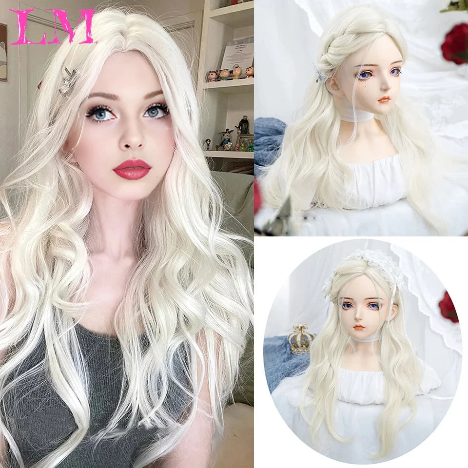 LM Cosplay Wig With Bangs Synthetic Straight Hair 24 Inch Long Heat-Resistant Pink Wig For Women