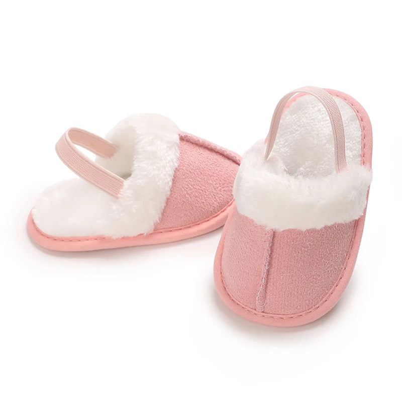 Toddlers Baby Boys Girls Fluffy Slides Soft Slippers Anti-slip Pre-walker Newborn Plush Warm Floor Shoes Elastic Back Strap