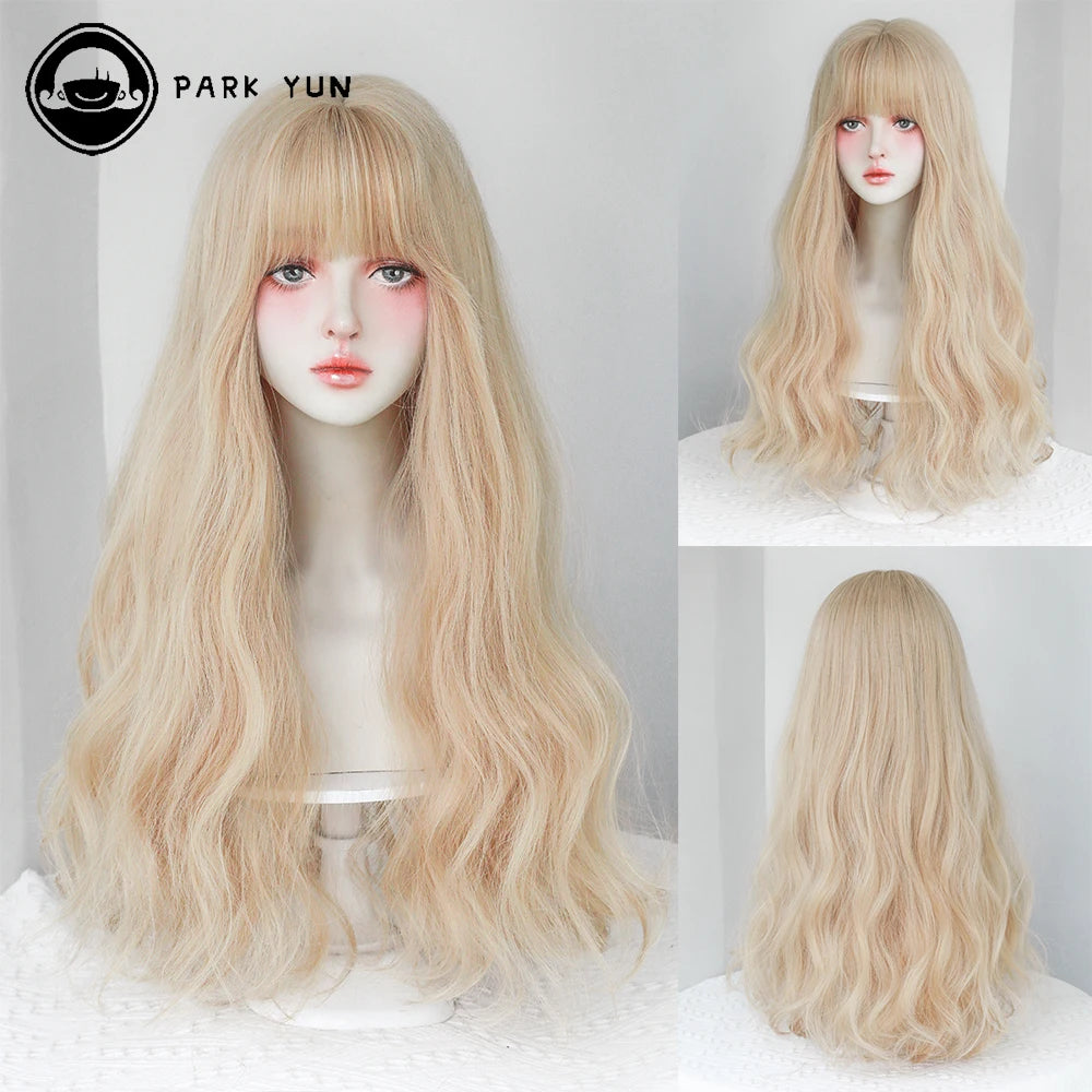 Dense Long Wave Wig Women Wig with Bangs Blonde Cospaly Lolita Daily Party Synthetic Wigs Heat Resistant Fiber Natural Fake Hair