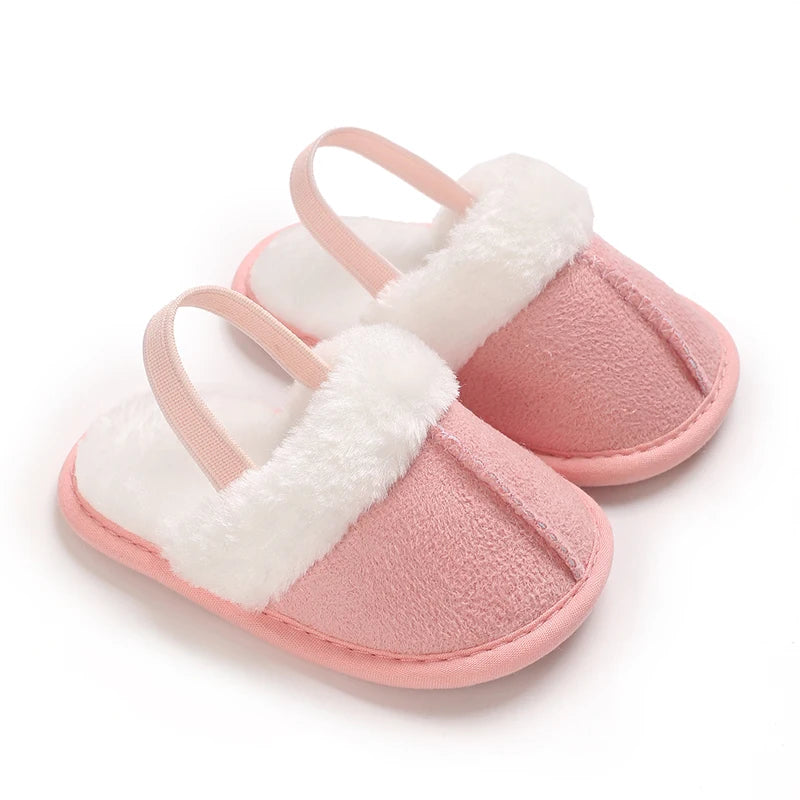 Toddlers Baby Boys Girls Fluffy Slides Soft Slippers Anti-slip Pre-walker Newborn Plush Warm Floor Shoes Elastic Back Strap